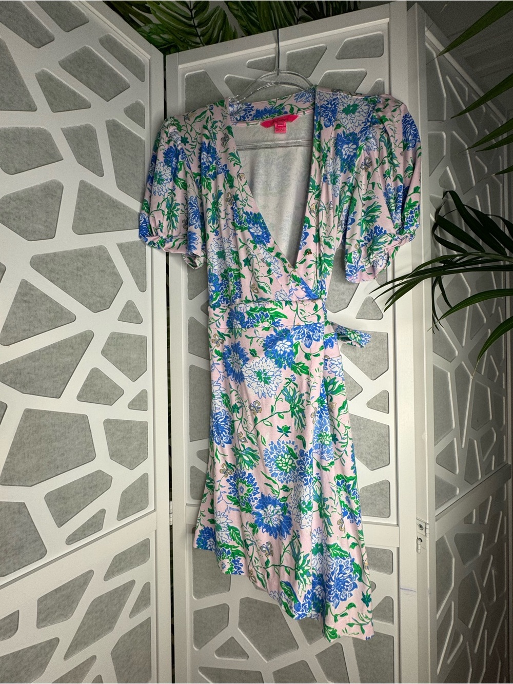 Lilly Pulitzer Pink Midi Wrap Dress with Blue and Green Floral Print